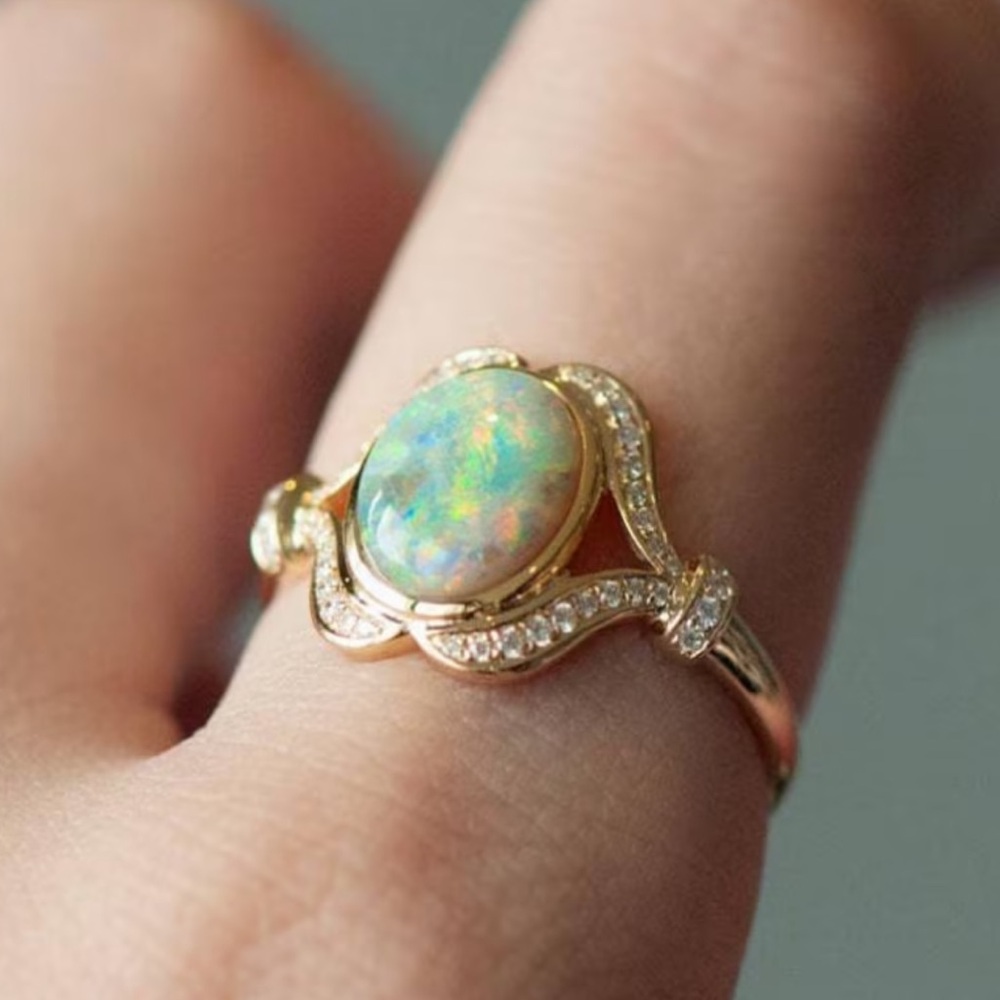 Vintage Gold Opal Halo Ring with Lab Diamond Accents
